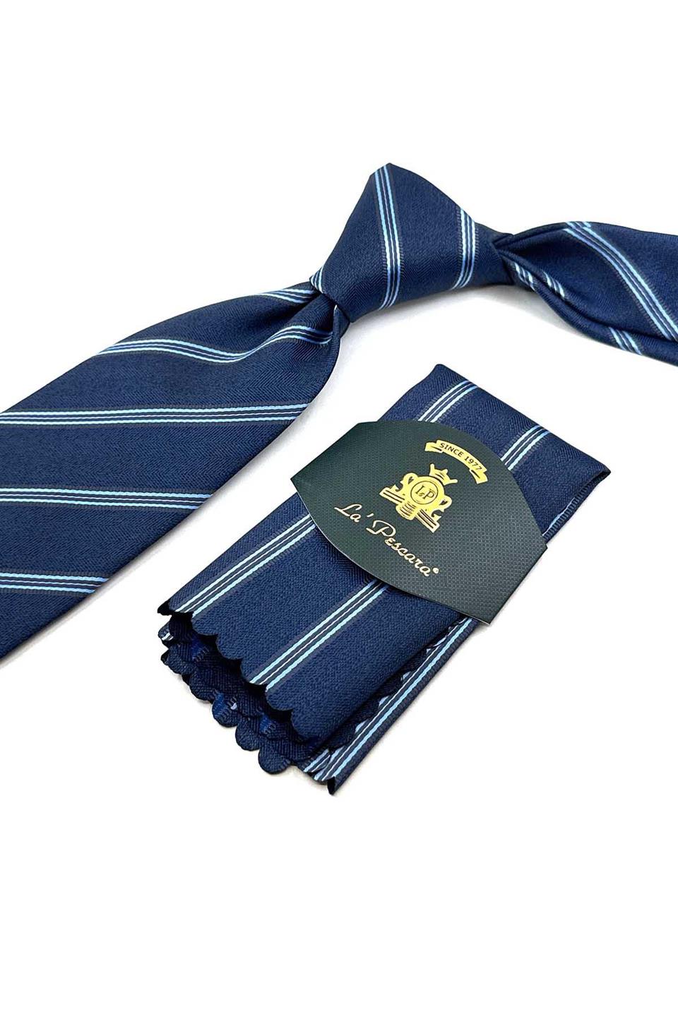 Lacivert Çizgi Desen Mendilli Klasik Kravat KK12354