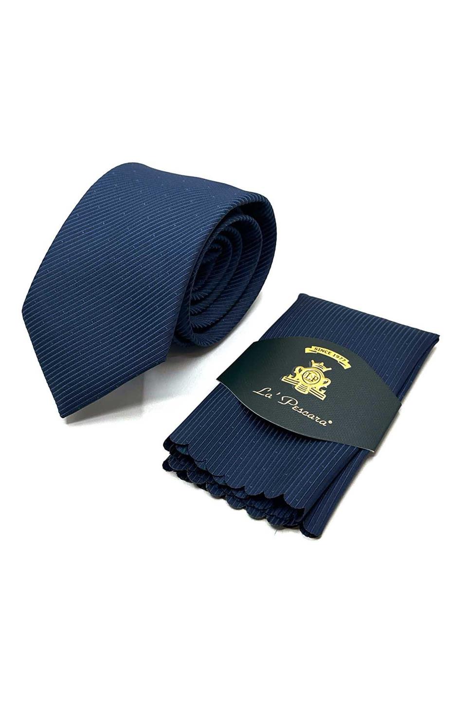 Lacivert Çizgi Desen Mendilli Klasik Kravat KK13083