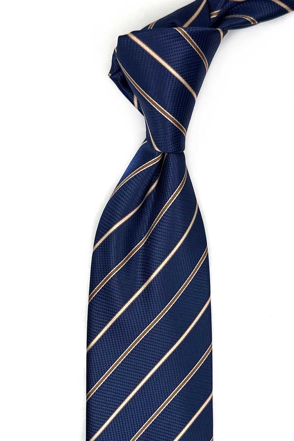 Lacivert Çizgi Desen Mendilli Klasik Kravat KK13684
