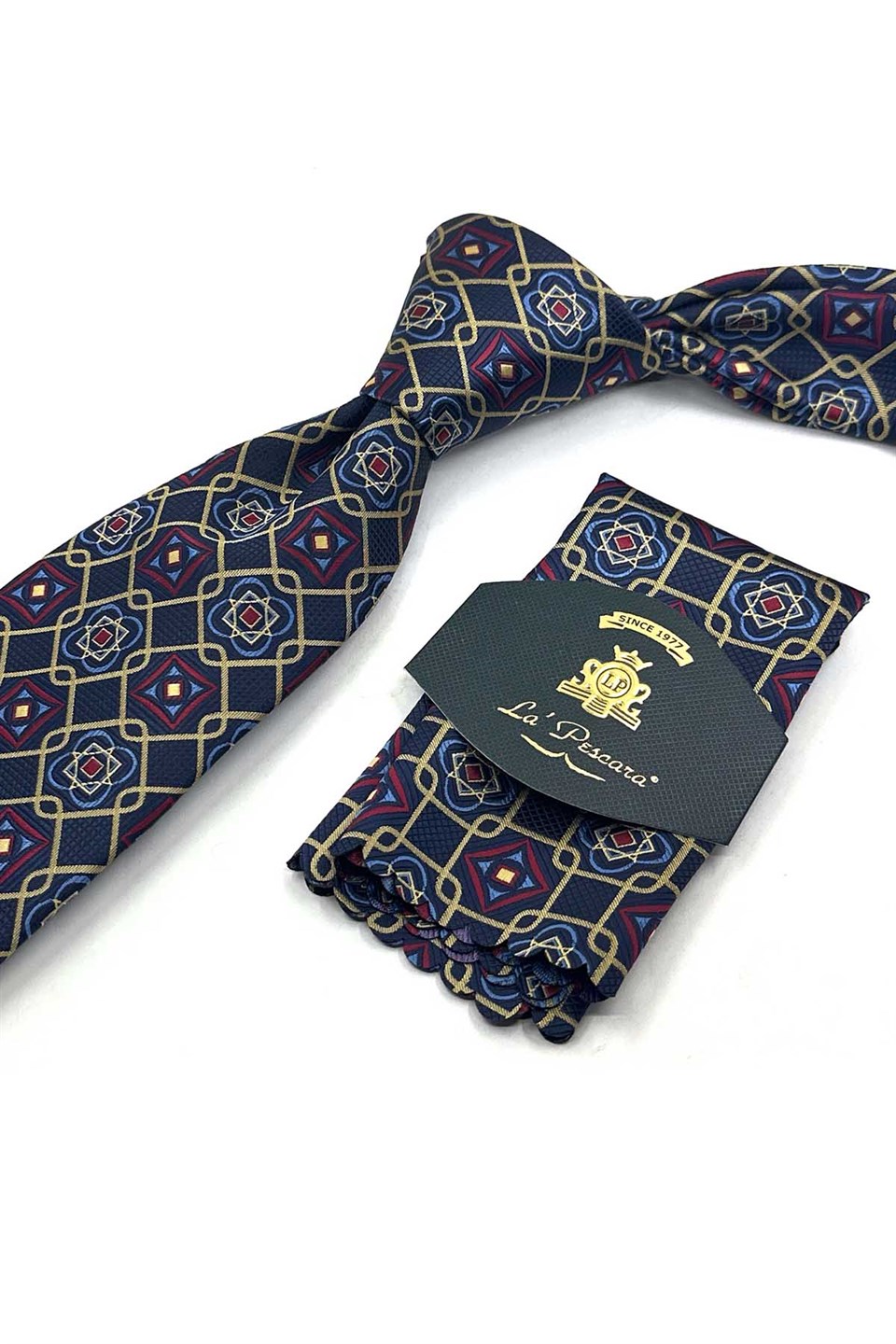 Lacivert Çok Renkli Motif Desen Mendilli Klasik Kravat KK13768