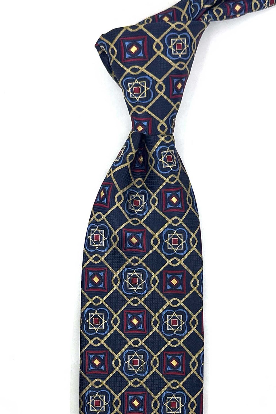 Lacivert Çok Renkli Motif Desen Mendilli Klasik Kravat KK13768