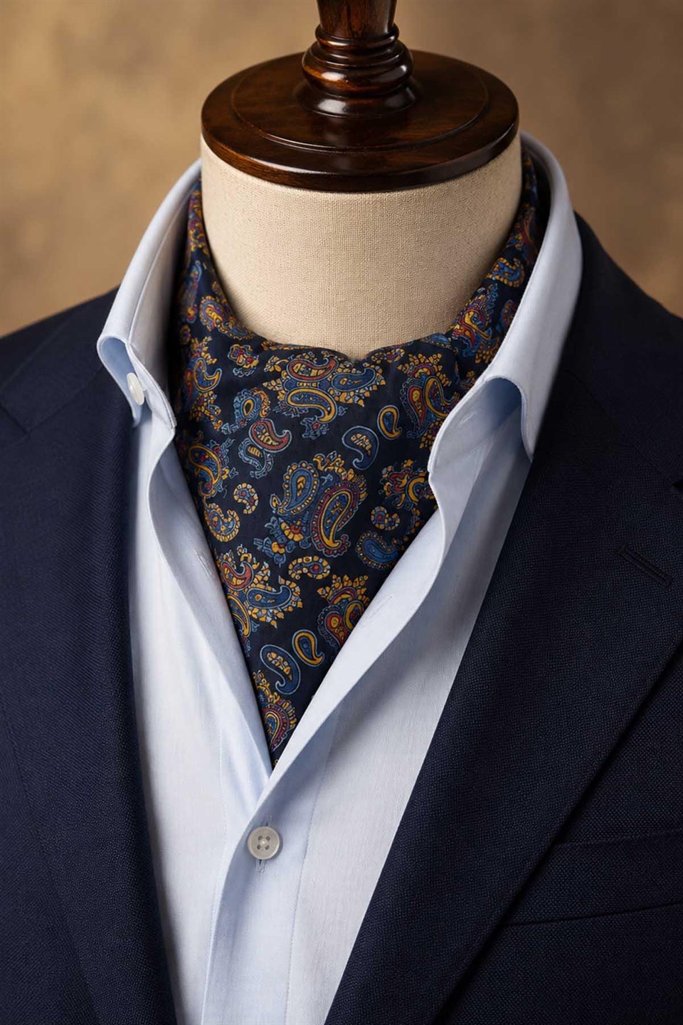 Lacivert Çok Renkli Şal Desen İtalyan İpek Ascot Kravat SAC126