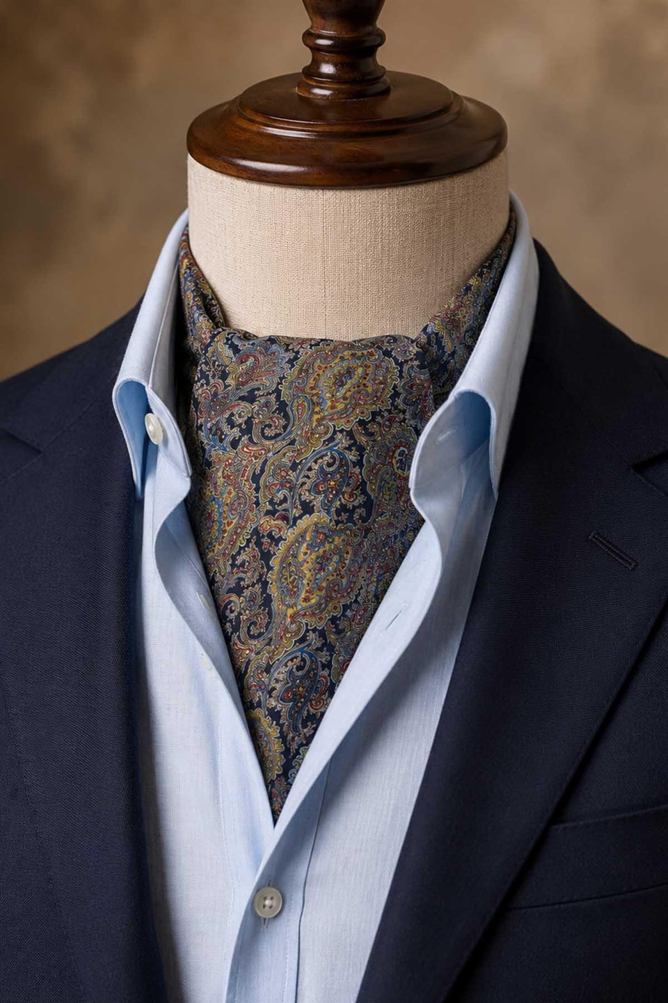 Lacivert Çok Renkli Şal Desen İtalyan İpek Ascot Kravat SAC111