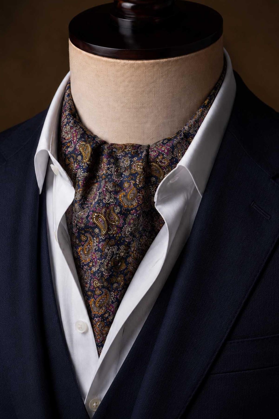 Lacivert Çok Renkli Şal Desen İtalyan İpek Ascot Kravat SAC92