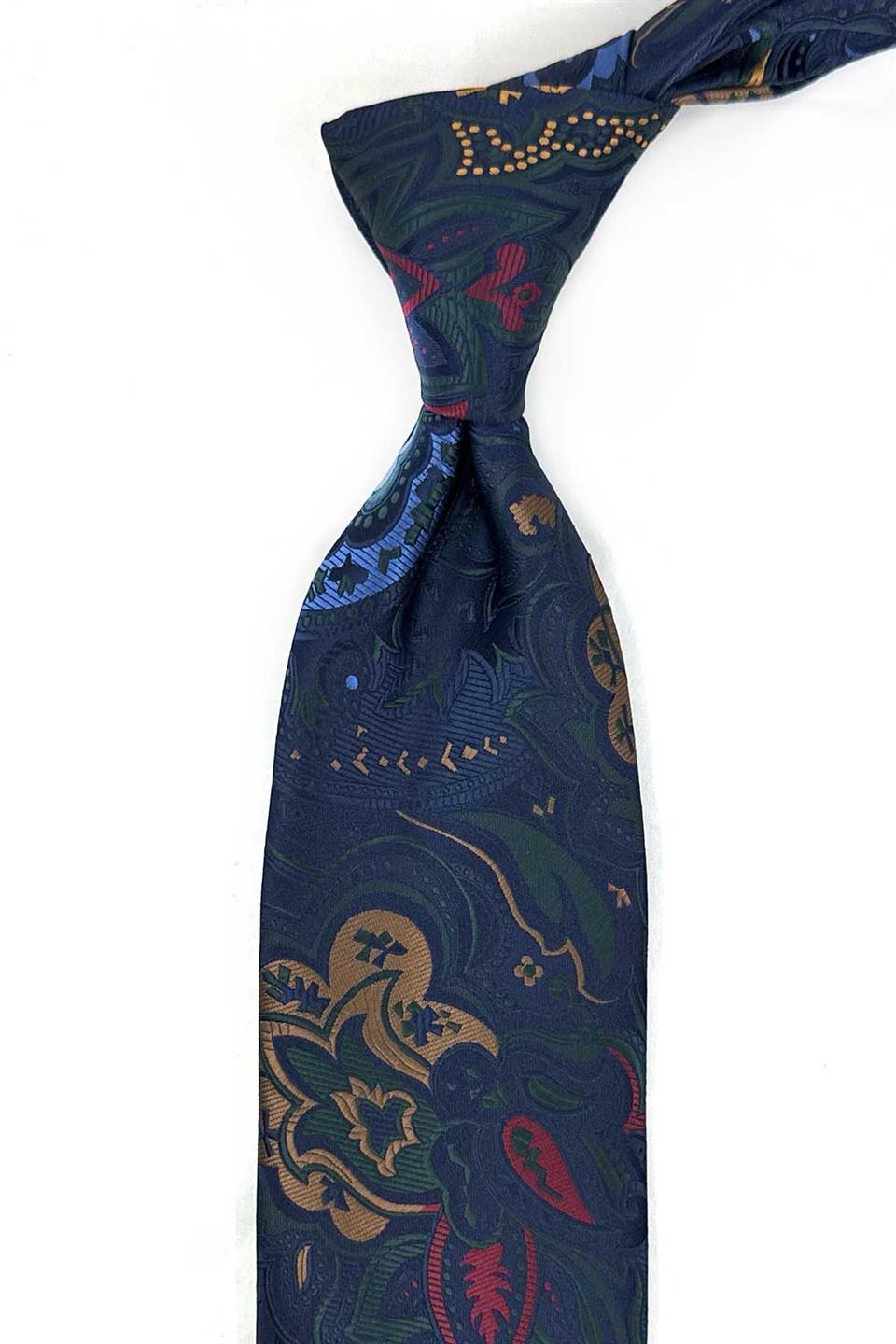 Lacivert - Çok Renkli Şal Desen Mendilli Klasik Kravat KK13317