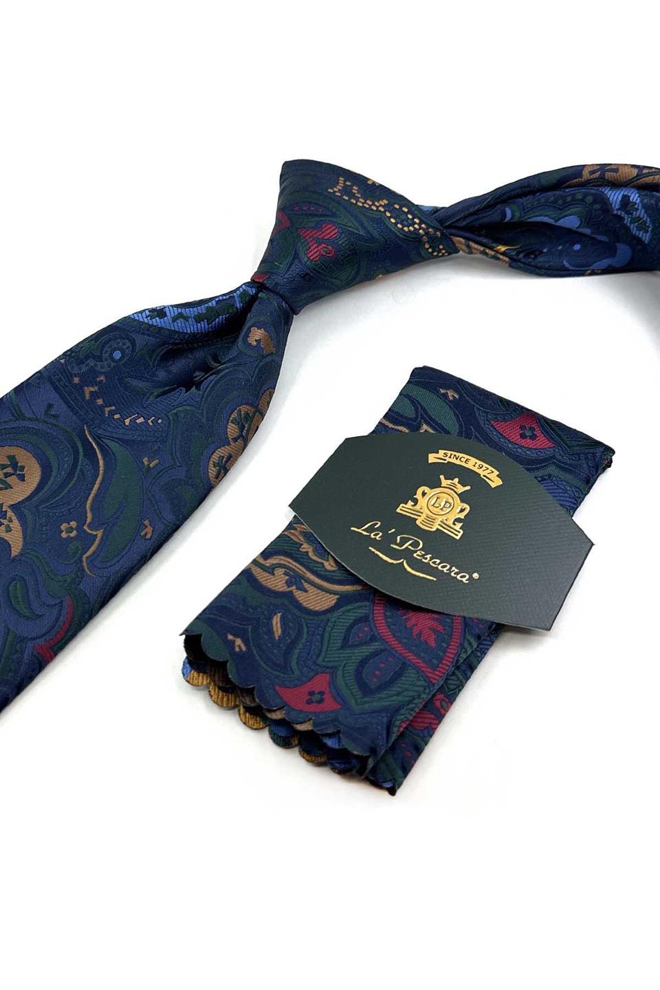 Lacivert - Çok Renkli Şal Desen Mendilli Klasik Kravat KK13317
