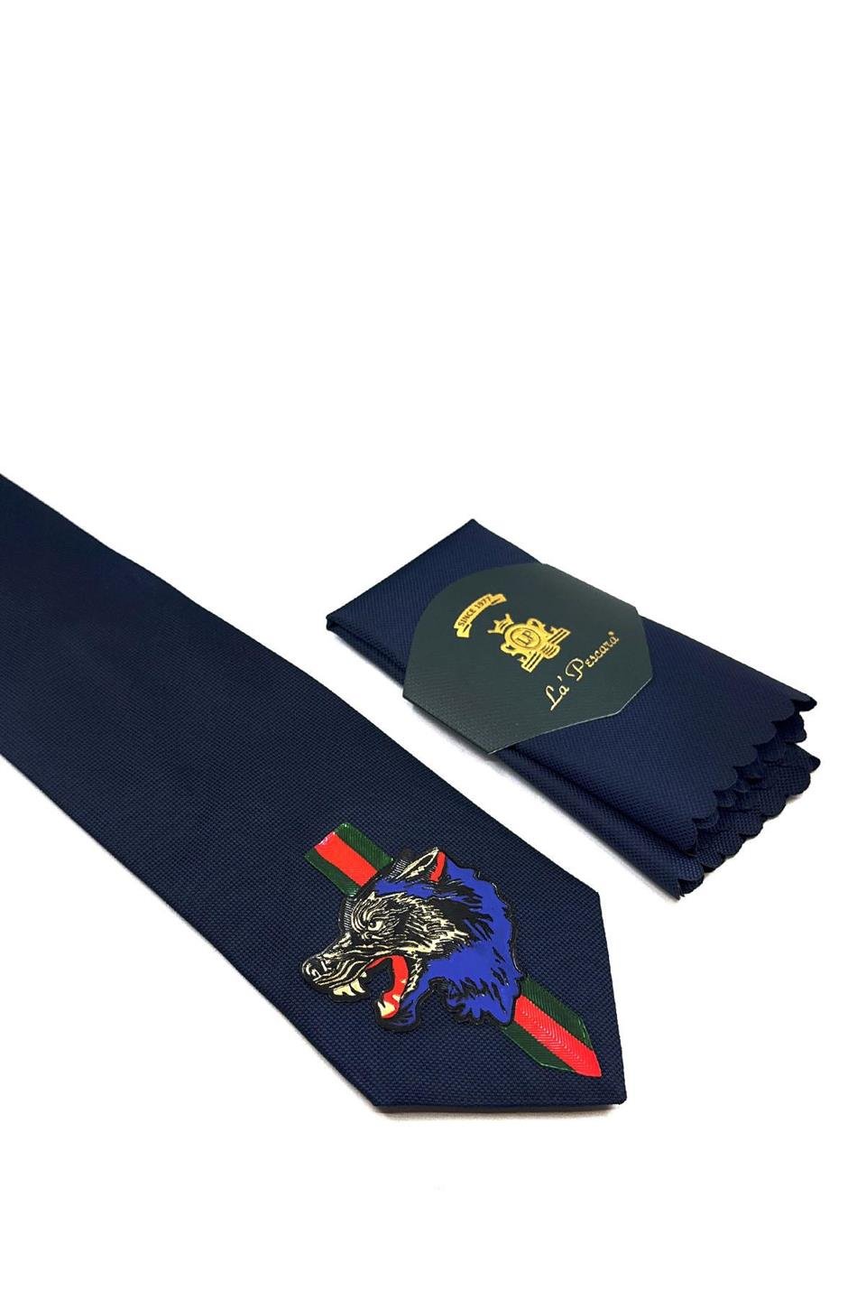 Lacivert Düz Kurt Arma Baskılı Kravat KK11703