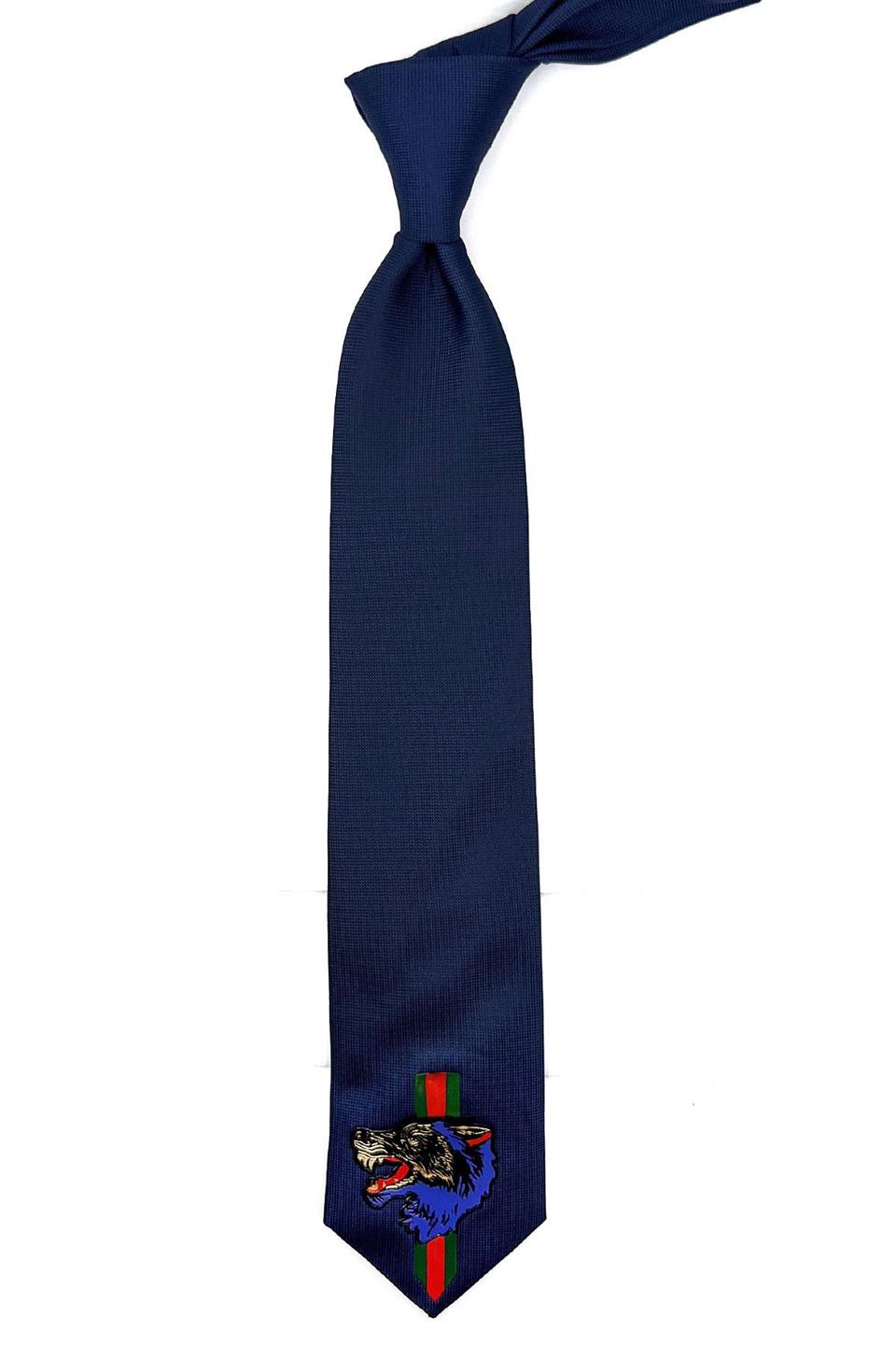 Lacivert Düz Kurt Arma Baskılı Kravat KK11703
