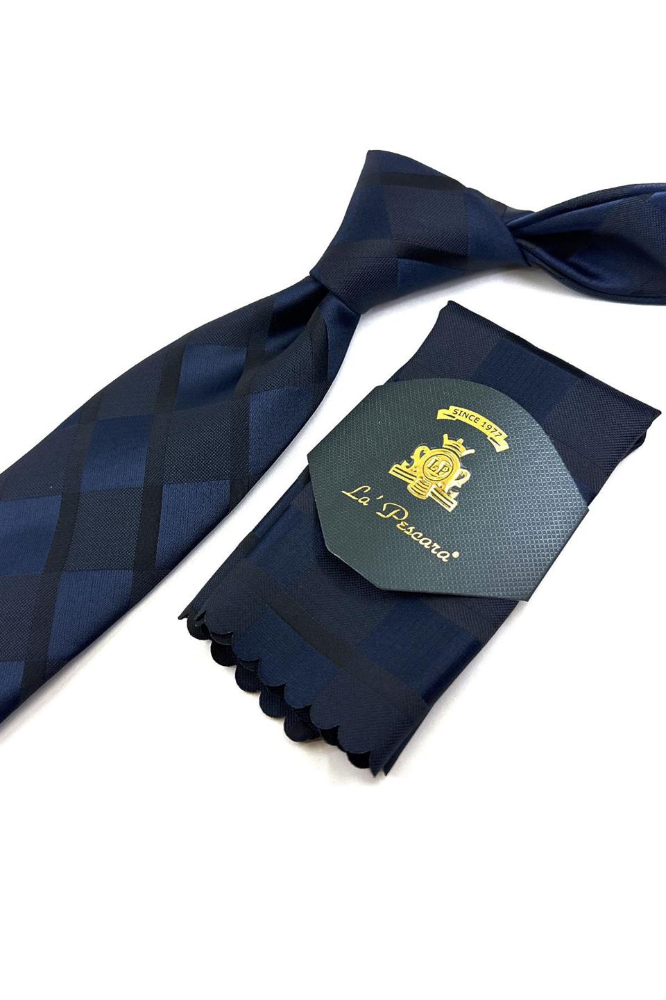 Lacivert Ekose Desen Mendilli Klasik Kravat KK11167