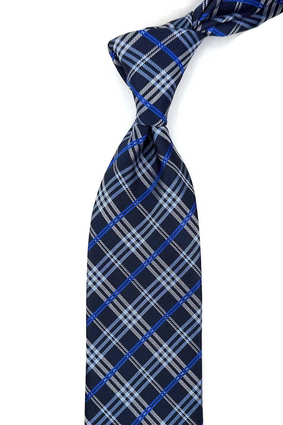 Lacivert Ekose Desen Mendilli Klasik Kravat KK13201