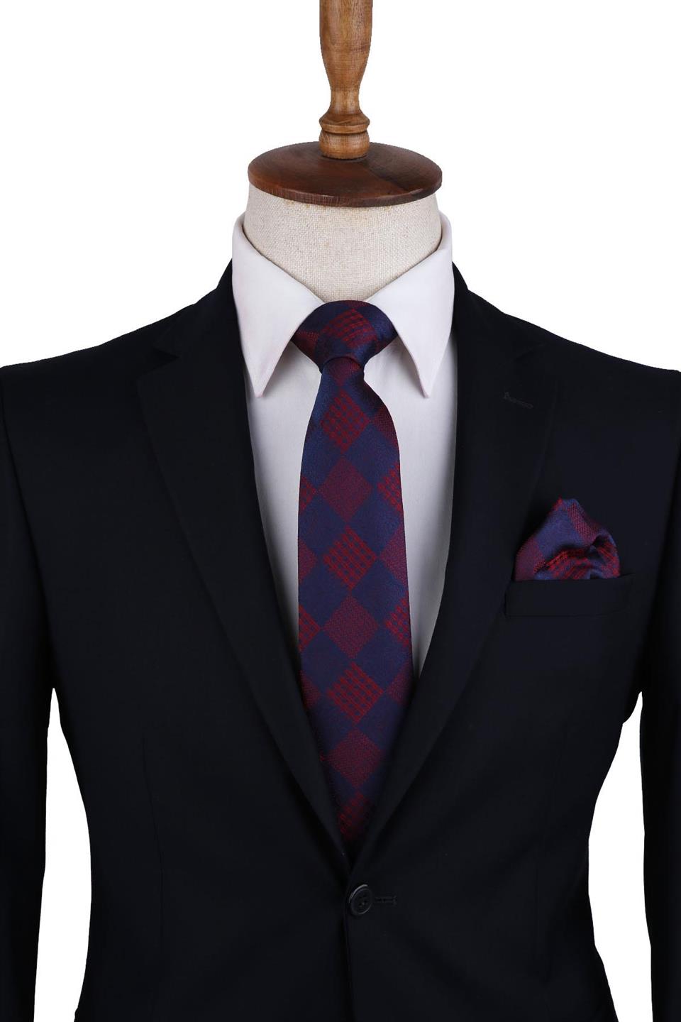 Lacivert Ekose Desen Mendilli Klasik Kravat KK10450