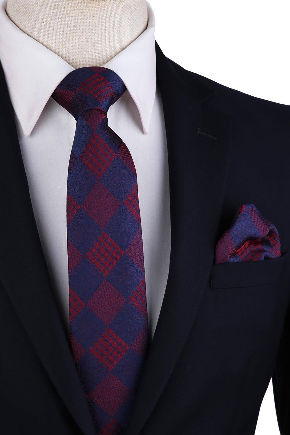 Lacivert Ekose Desen Mendilli Klasik Kravat KK10450
