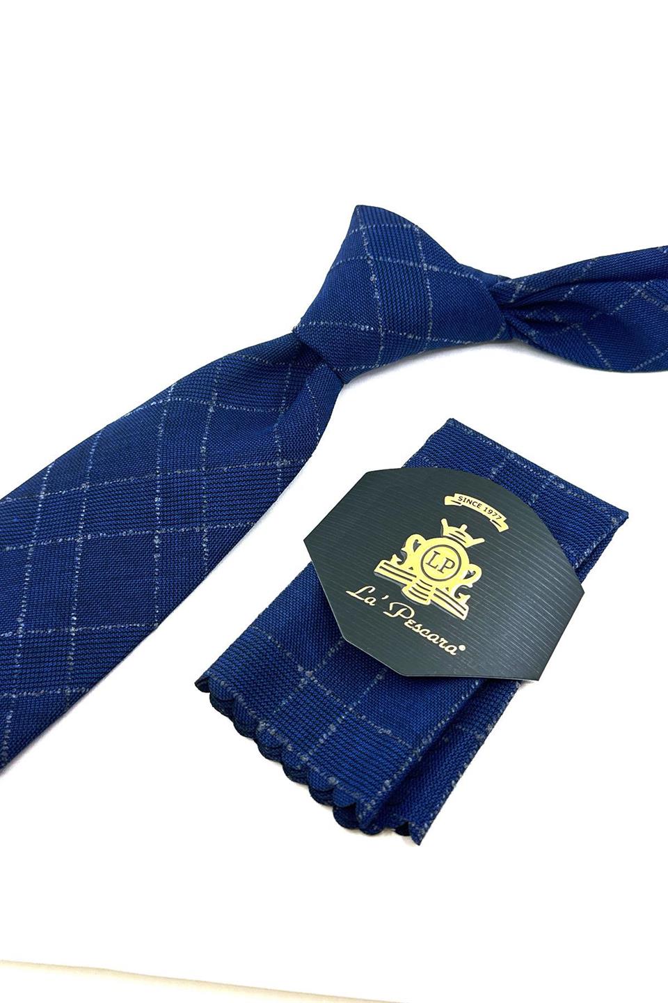 Lacivert Ekose Desen Mendilli Klasik Yün Kravat KK12113