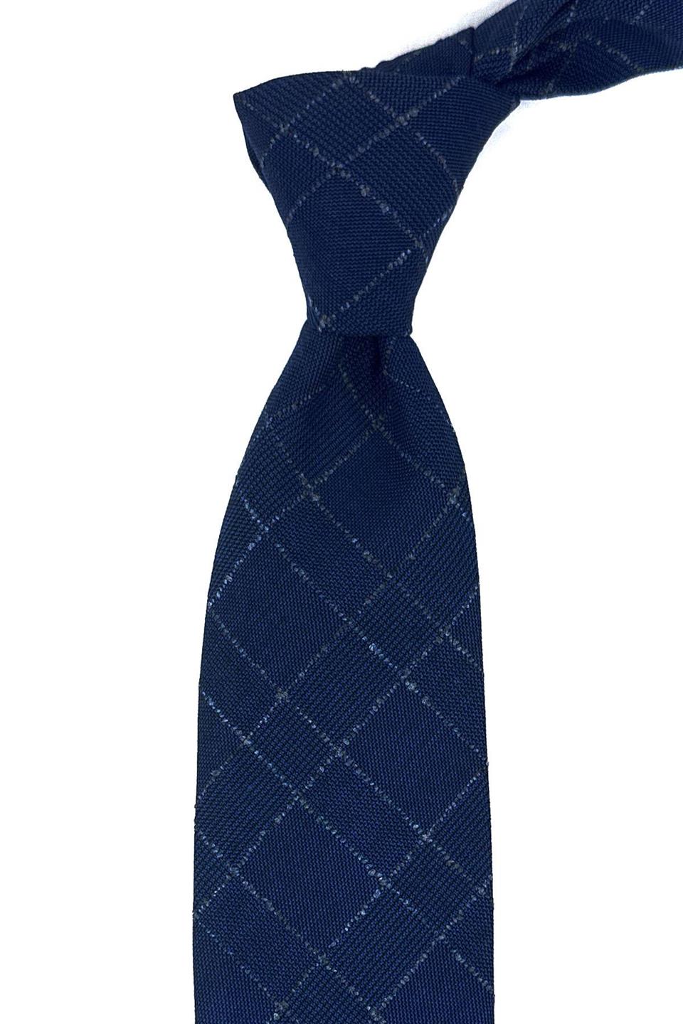 Lacivert Ekose Desen Mendilli Klasik Yün Kravat KK12113
