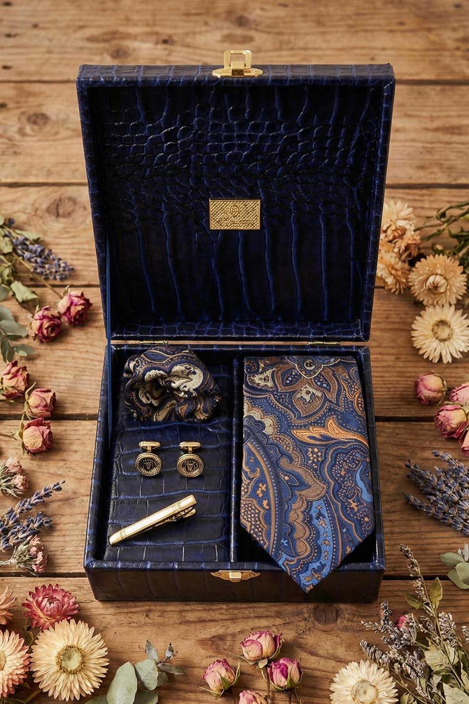 Lacivert Erkek Hediye Kutusu - Kravat Kol Düğmesi Kravat İğnesi KMK149