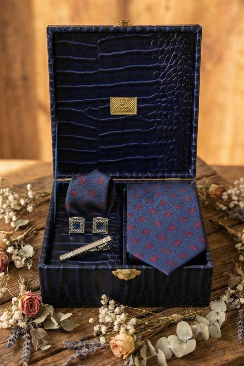 Lacivert Erkek Hediye Kutusu - Kravat Kol Düğmesi Kravat İğnesi KMK143