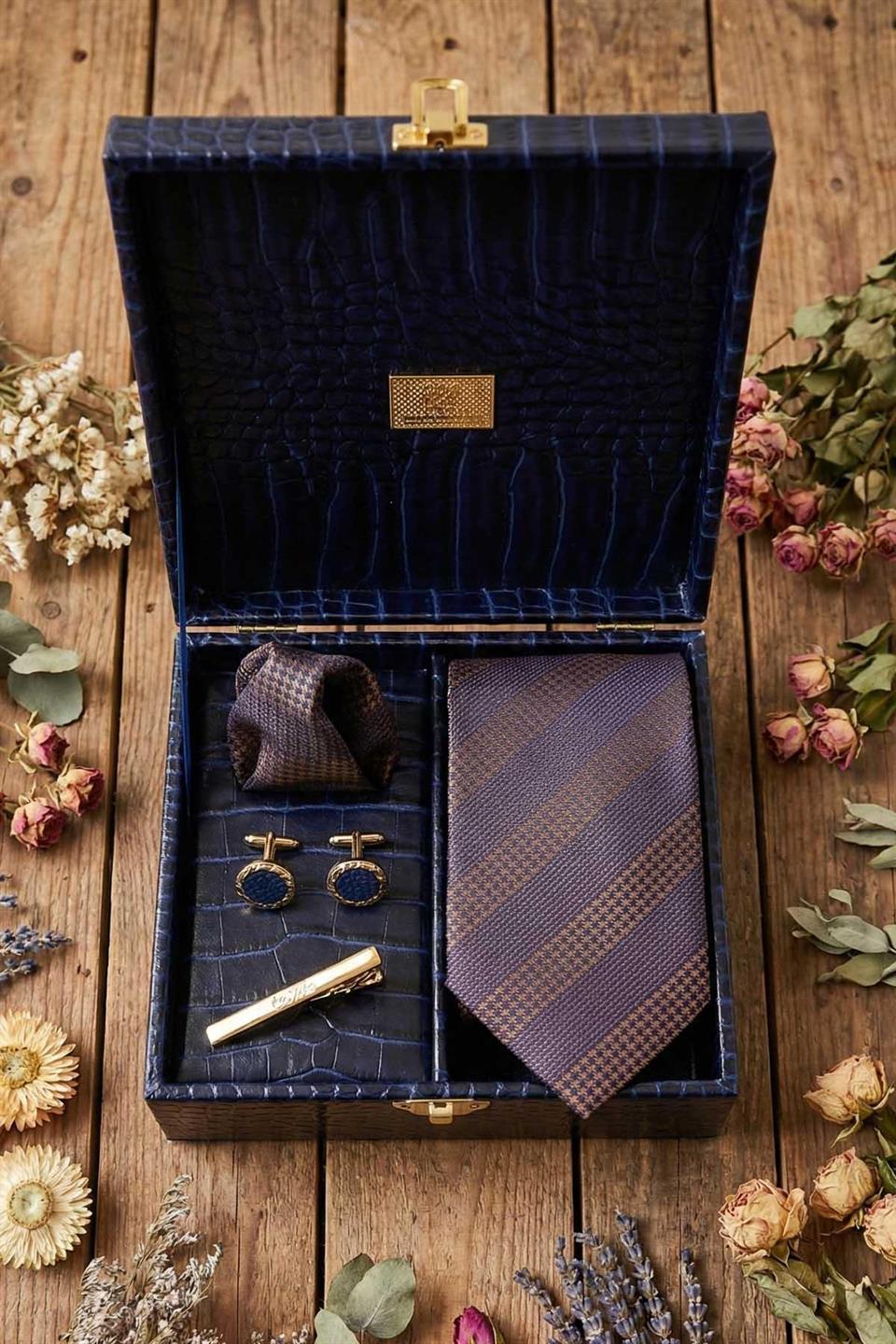 Lacivert Erkek Hediye Kutusu - Kravat Kol Düğmesi Kravat İğnesi KMK151