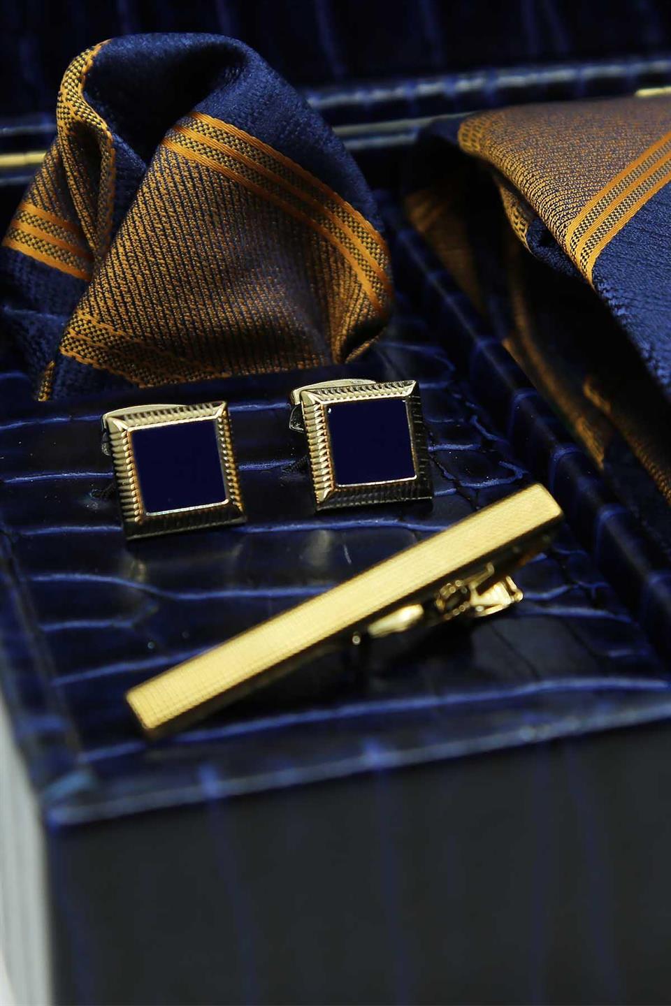 Lacivert Erkek Hediye Kutusu - Kravat Mendil Kol Düğmesi Kravat İğnesi Set KMK158