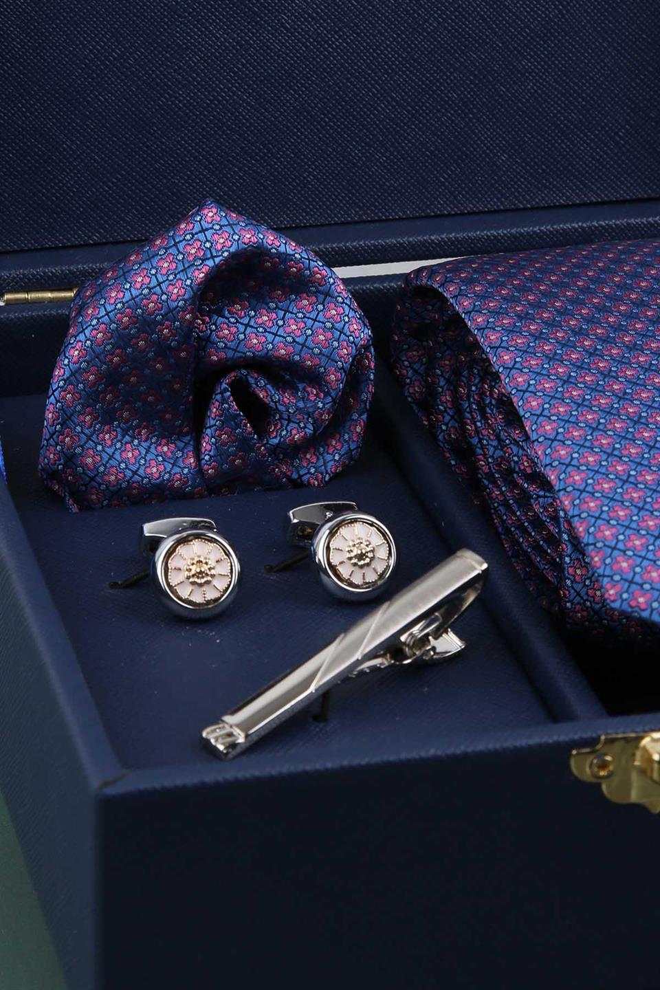 Lacivert Erkek Hediye Kutusu - Mendilli Kravat Kol Düğmesi Kravat İğnesi KMK70