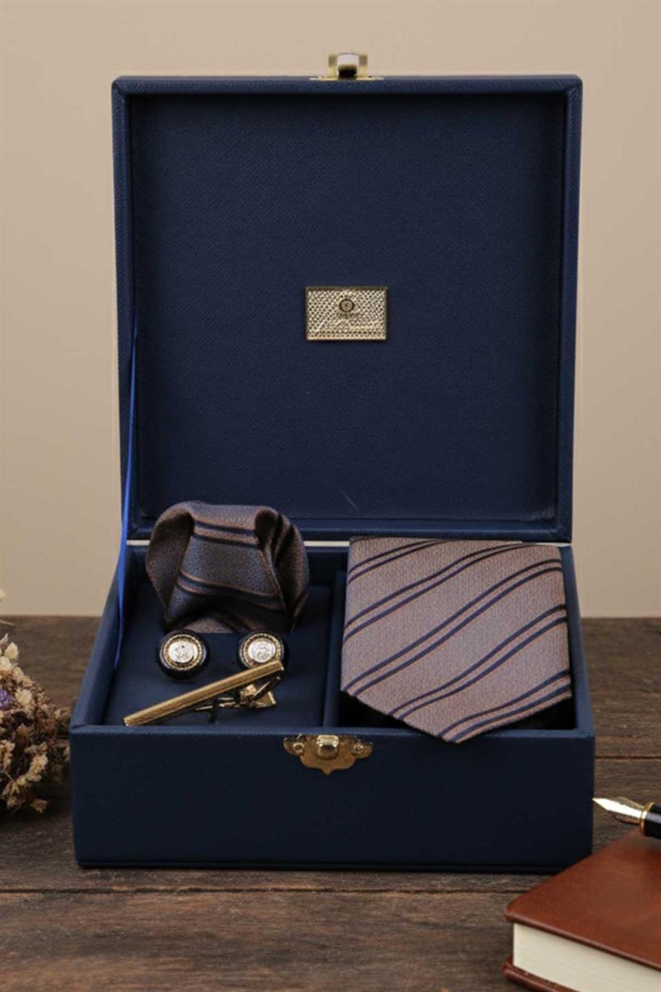 Lacivert Erkek Hediye Kutusu - Mendilli Kravat Kol Düğmesi Kravat İğnesi KMK72