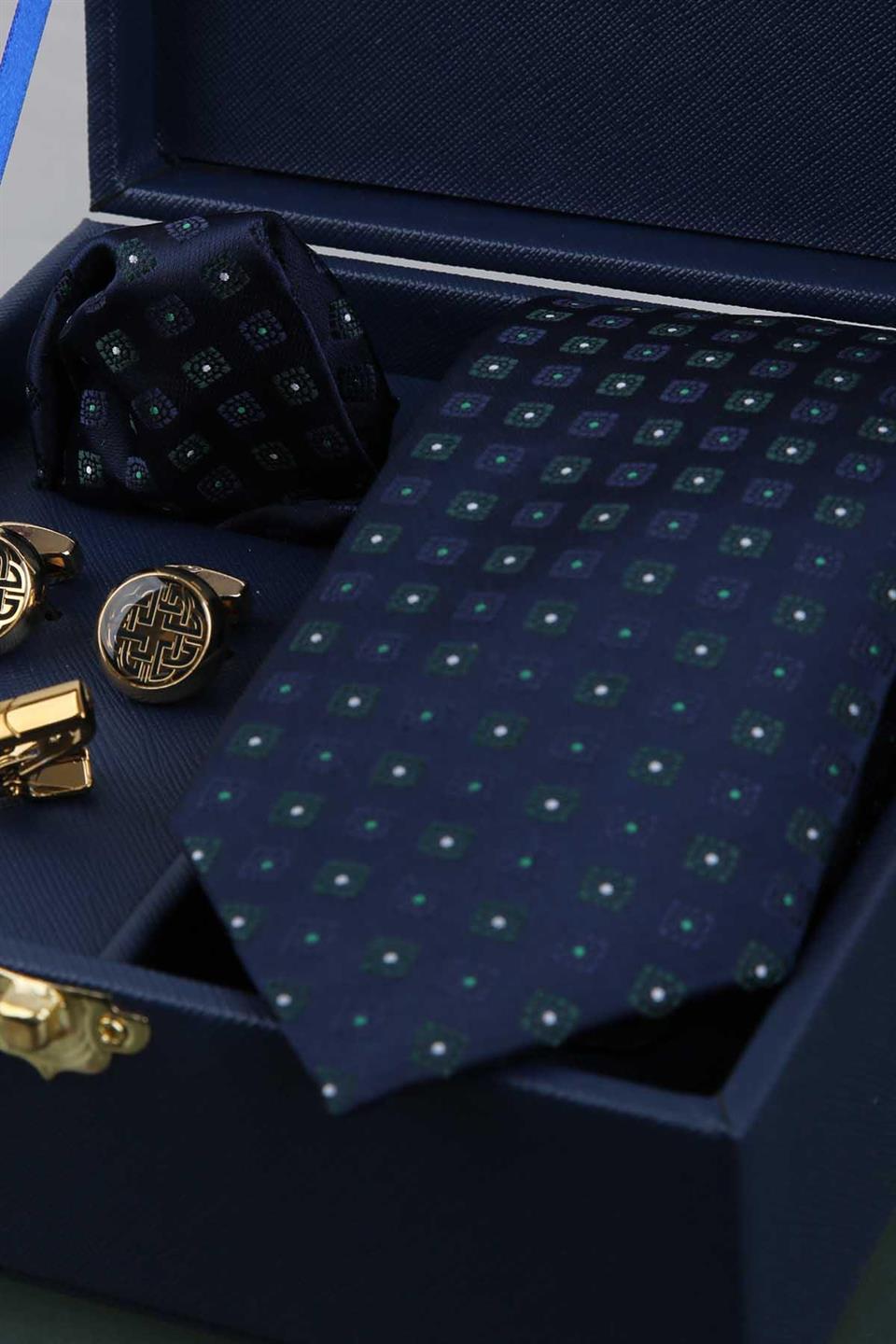 Lacivert Erkek Hediye Kutusu - Mendilli Kravat Kol Düğmesi Kravat İğnesi KMK68