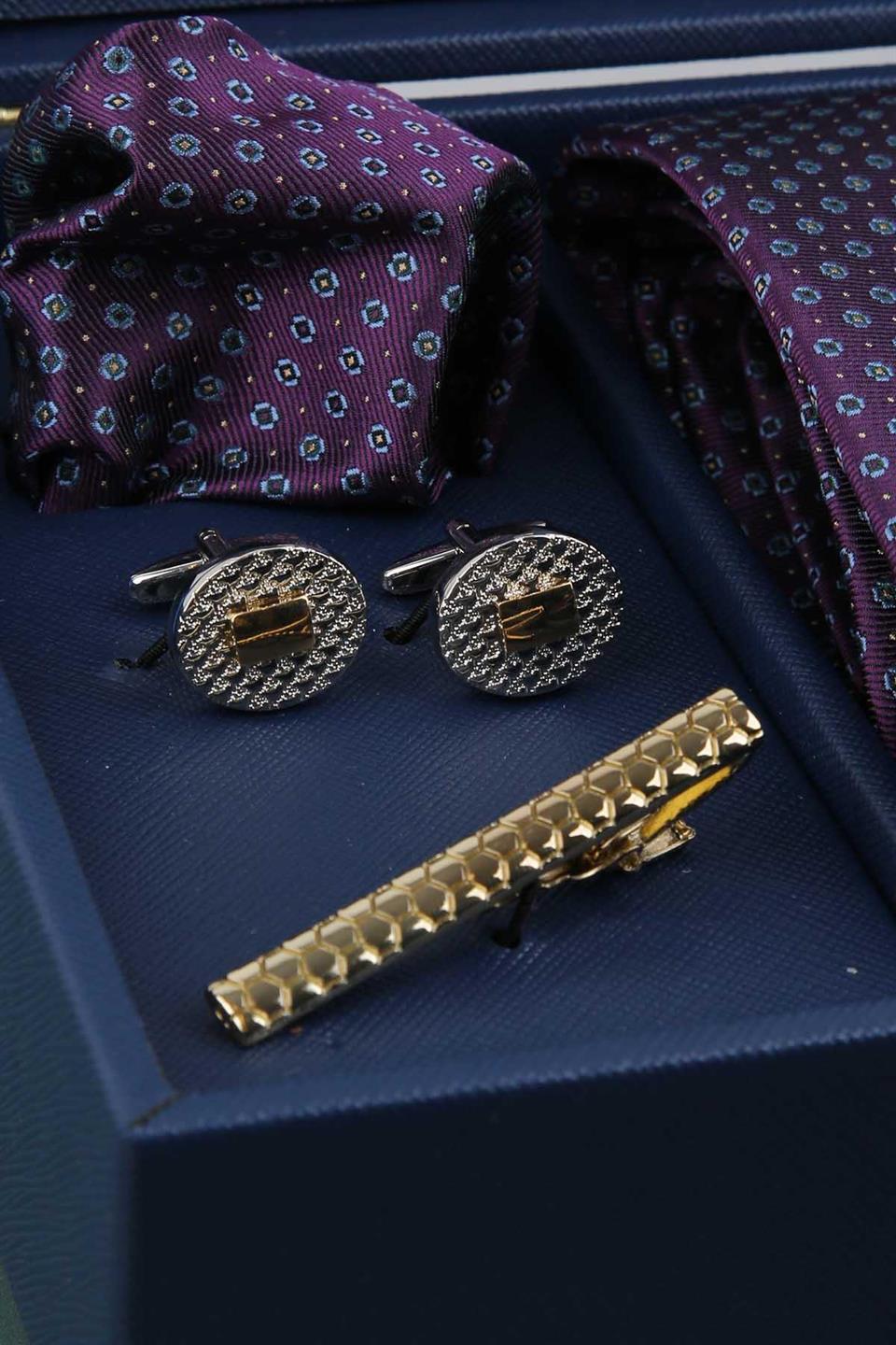 Lacivert Erkek Hediye Kutusu - Mendilli Kravat Kol Düğmesi Kravat İğnesi KMK66