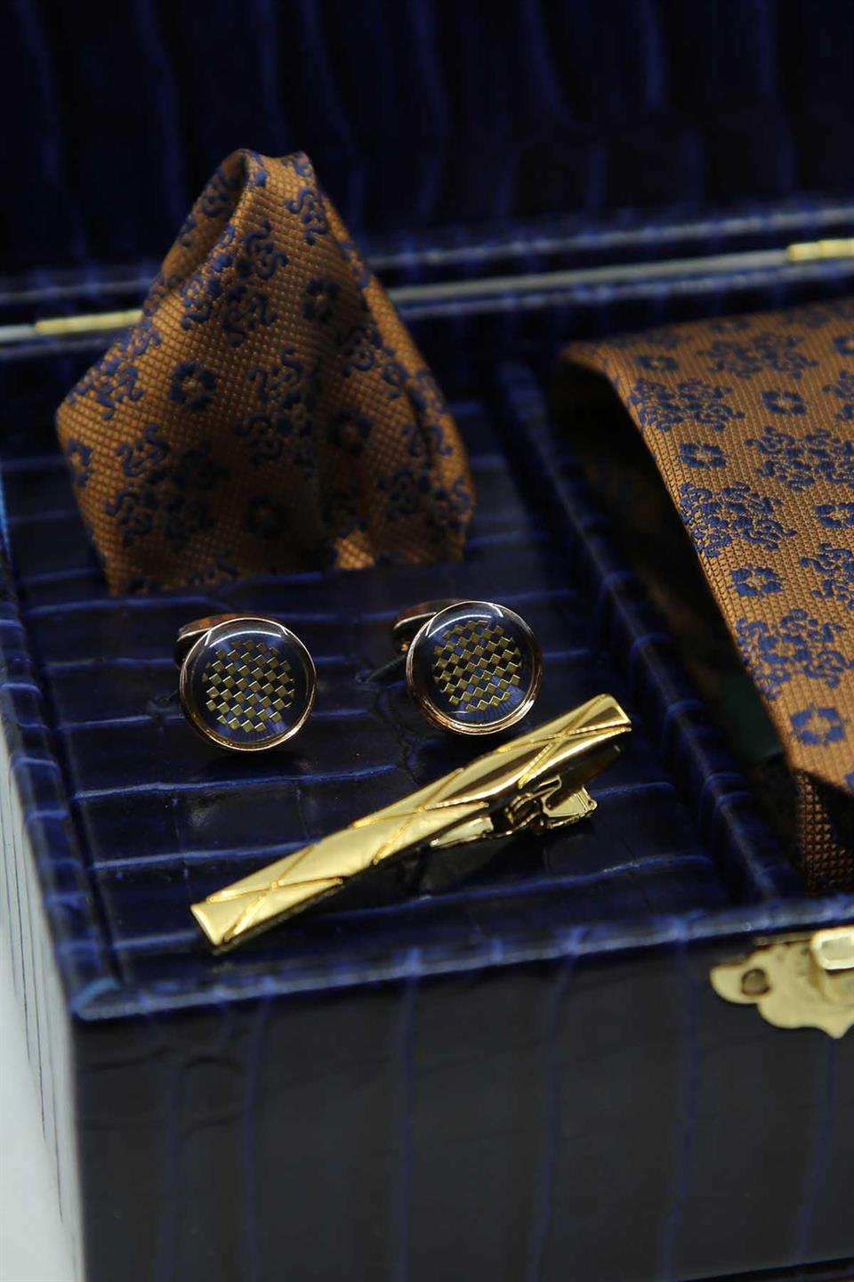 Lacivert Erkek Hediye Kutusu - Mendilli Kravat Kol Düğmesi Kravat İğnesi KMK112