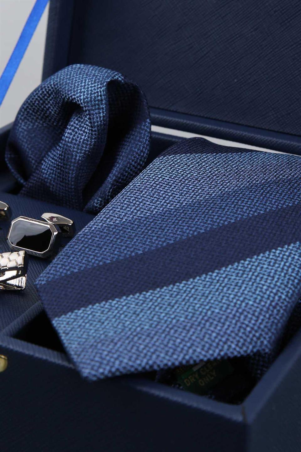 Lacivert Erkek Hediye Kutusu - Mendilli Kravat Kol Düğmesi Kravat İğnesi KMK67