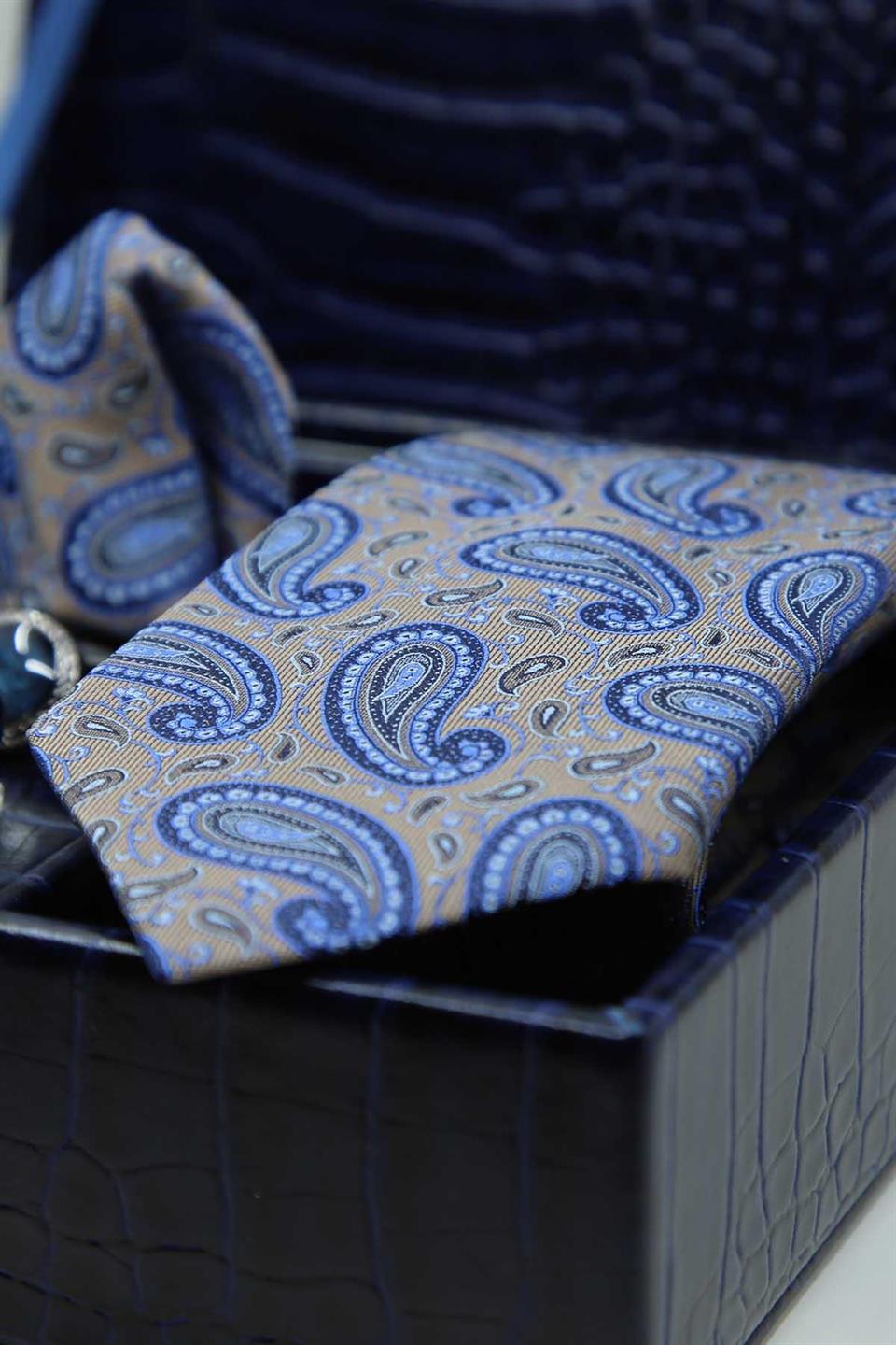 Lacivert Erkek Hediye Kutusu - Mendilli Kravat Kol Düğmesi Kravat İğnesi KMK103