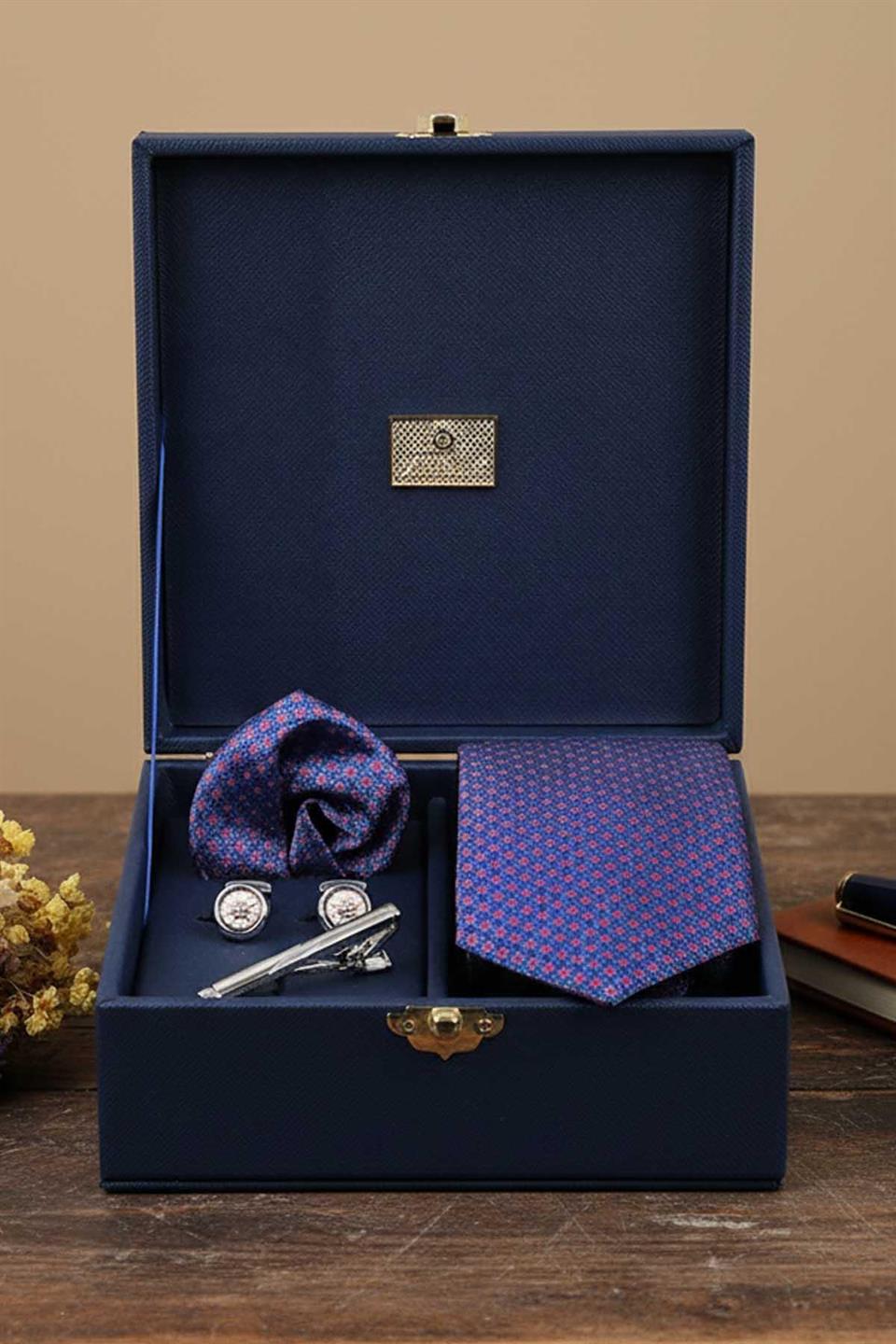 Lacivert Erkek Hediye Kutusu - Mendilli Kravat Kol Düğmesi Kravat İğnesi KMK70