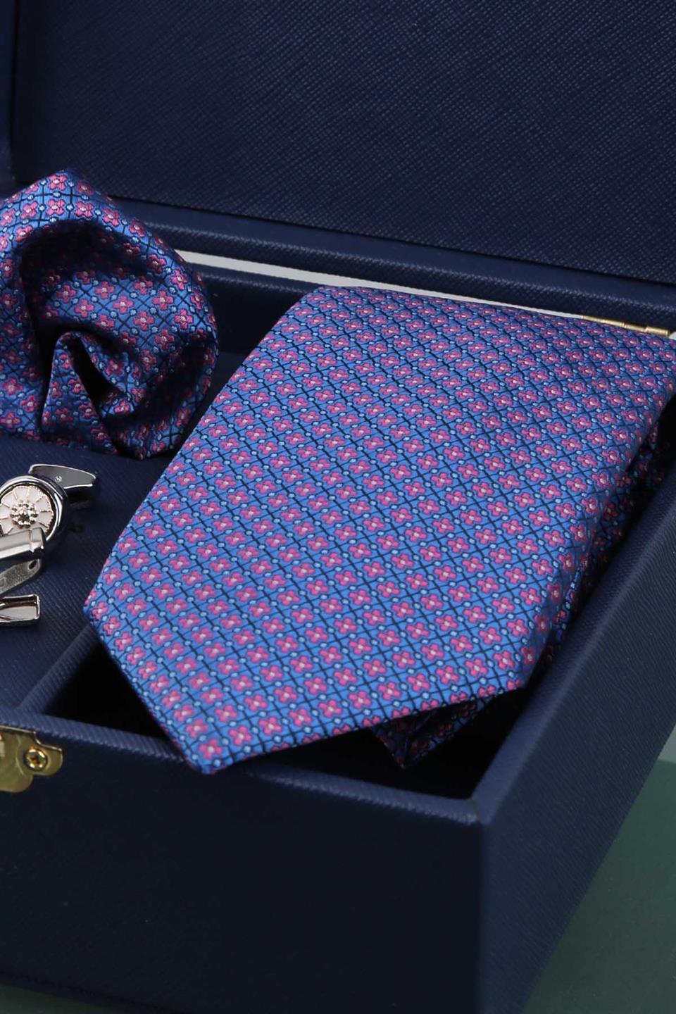 Lacivert Erkek Hediye Kutusu - Mendilli Kravat Kol Düğmesi Kravat İğnesi KMK70