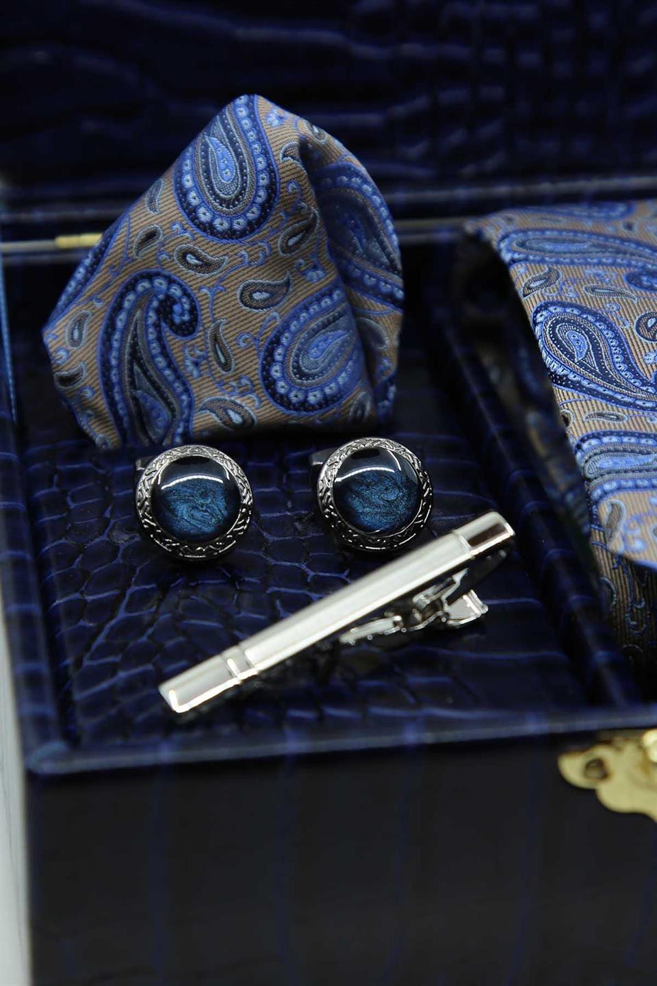 Lacivert Erkek Hediye Kutusu - Mendilli Kravat Kol Düğmesi Kravat İğnesi KMK103