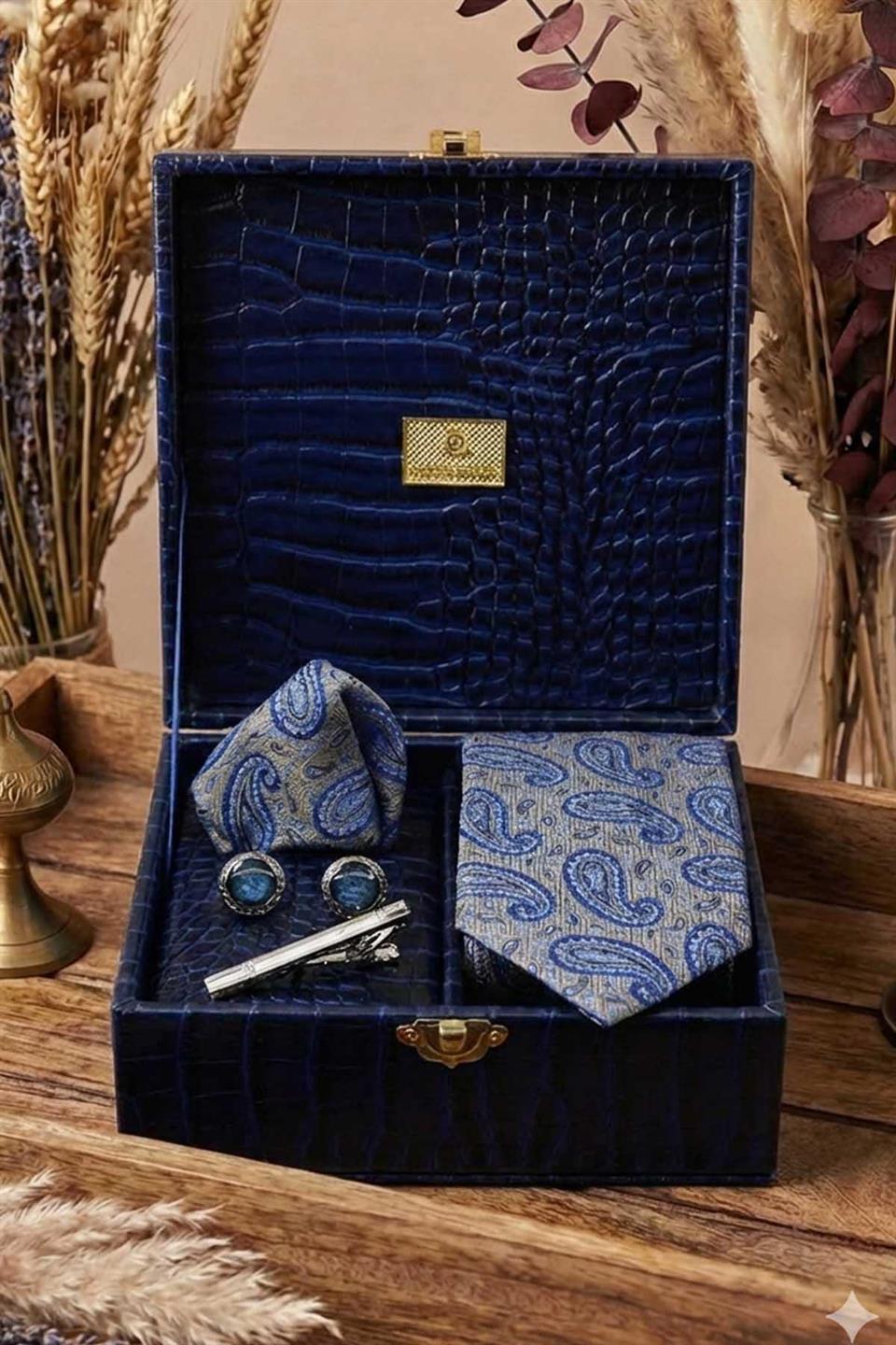 Lacivert Erkek Hediye Kutusu - Mendilli Kravat Kol Düğmesi Kravat İğnesi KMK103