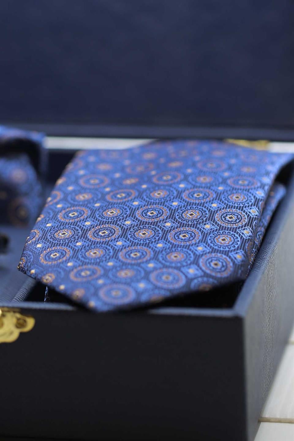 Lacivert Erkek Hediye Kutusu - Mendilli Kravat Kol Düğmesi Kravat İğnesi KMK85