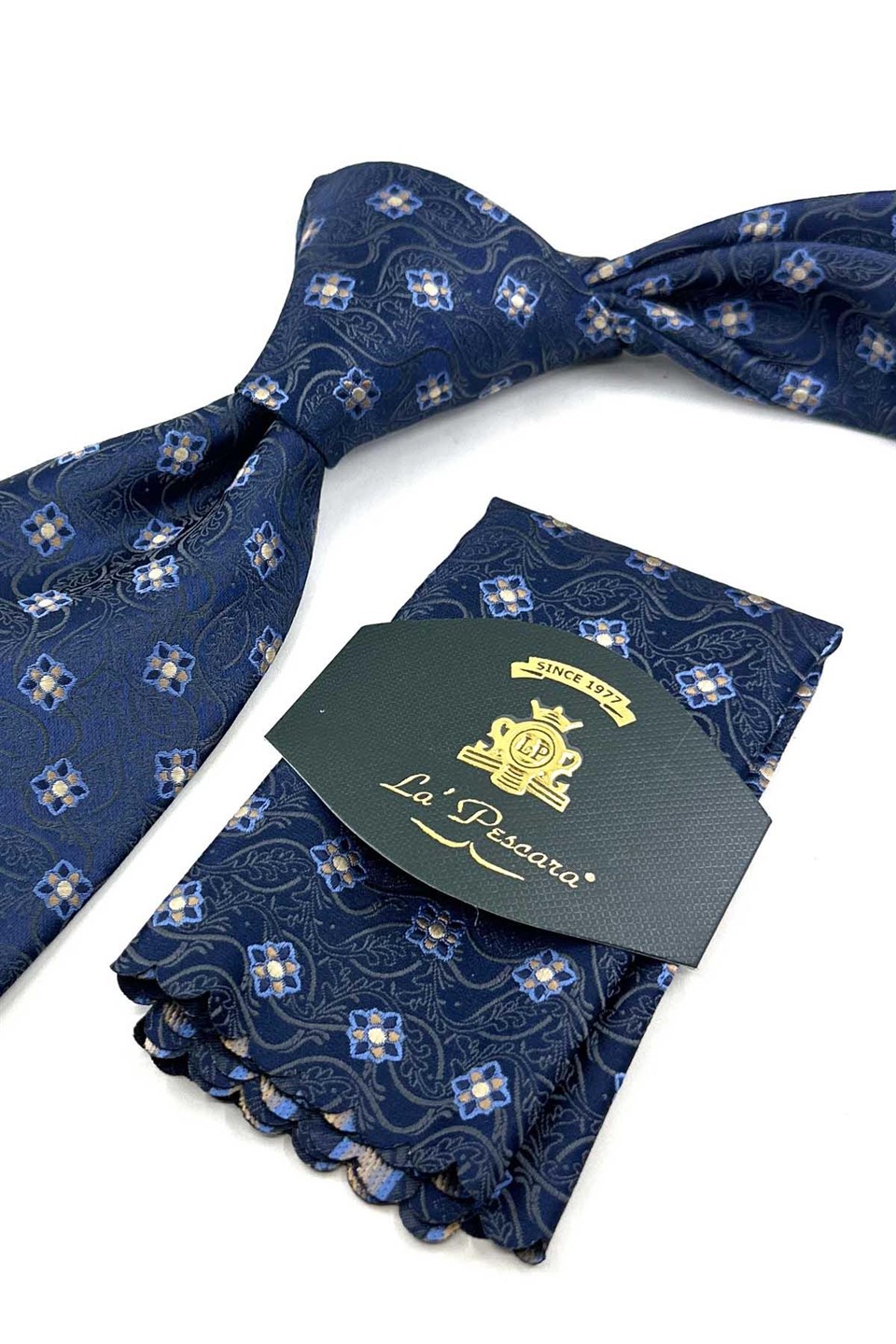 Lacivert Füme Motif Desen Mendilli Klasik Kravat KK13884