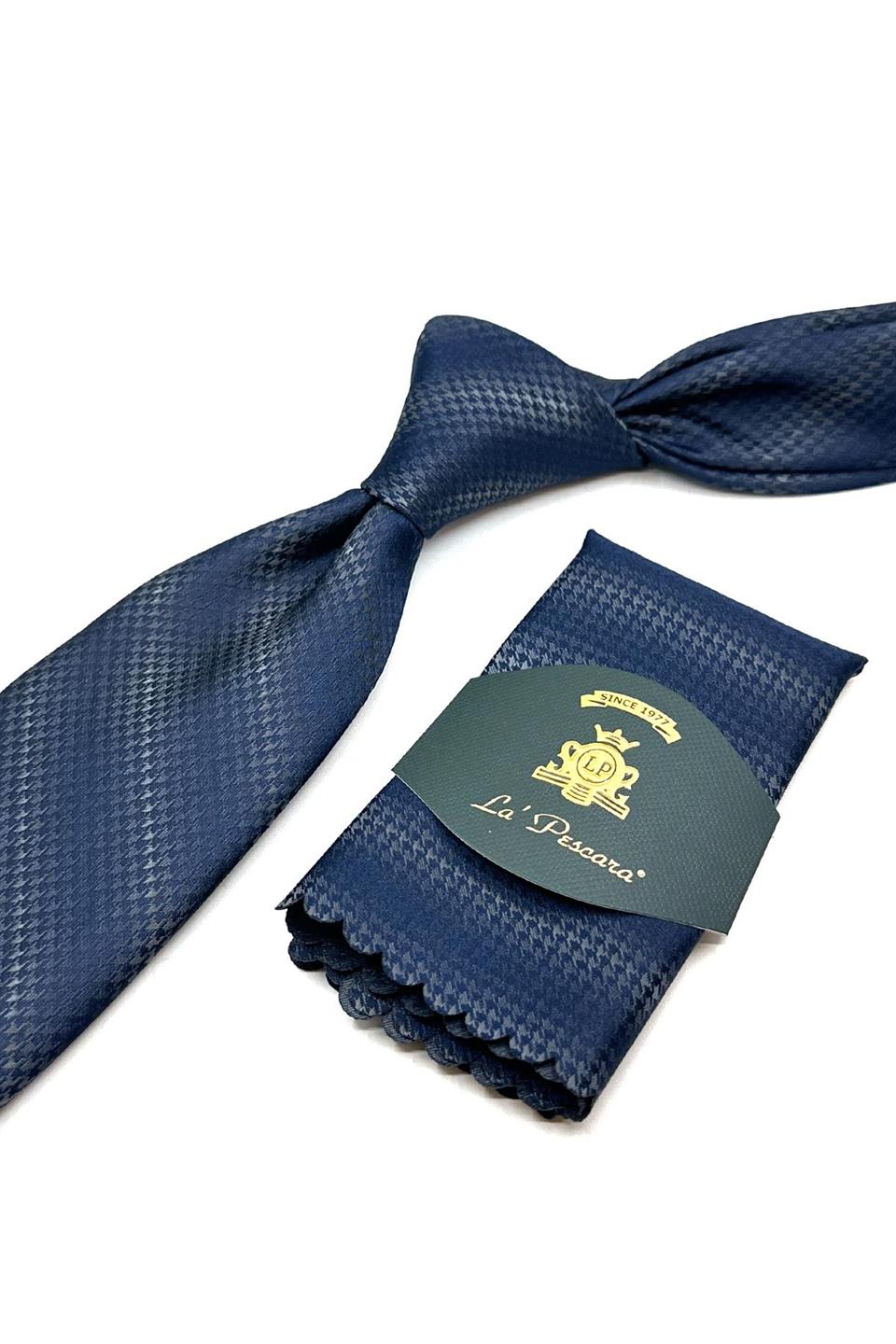 Lacivert - Gri Kaz Ayağı Mendilli Klasik Kravat KK13016