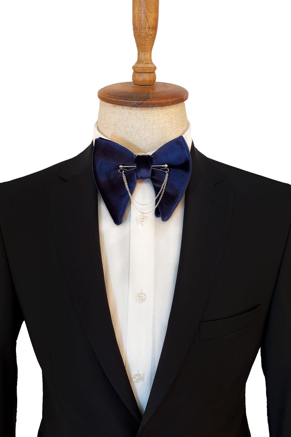 Lacivert Kadife Büyük Papyon Zincirli P1406