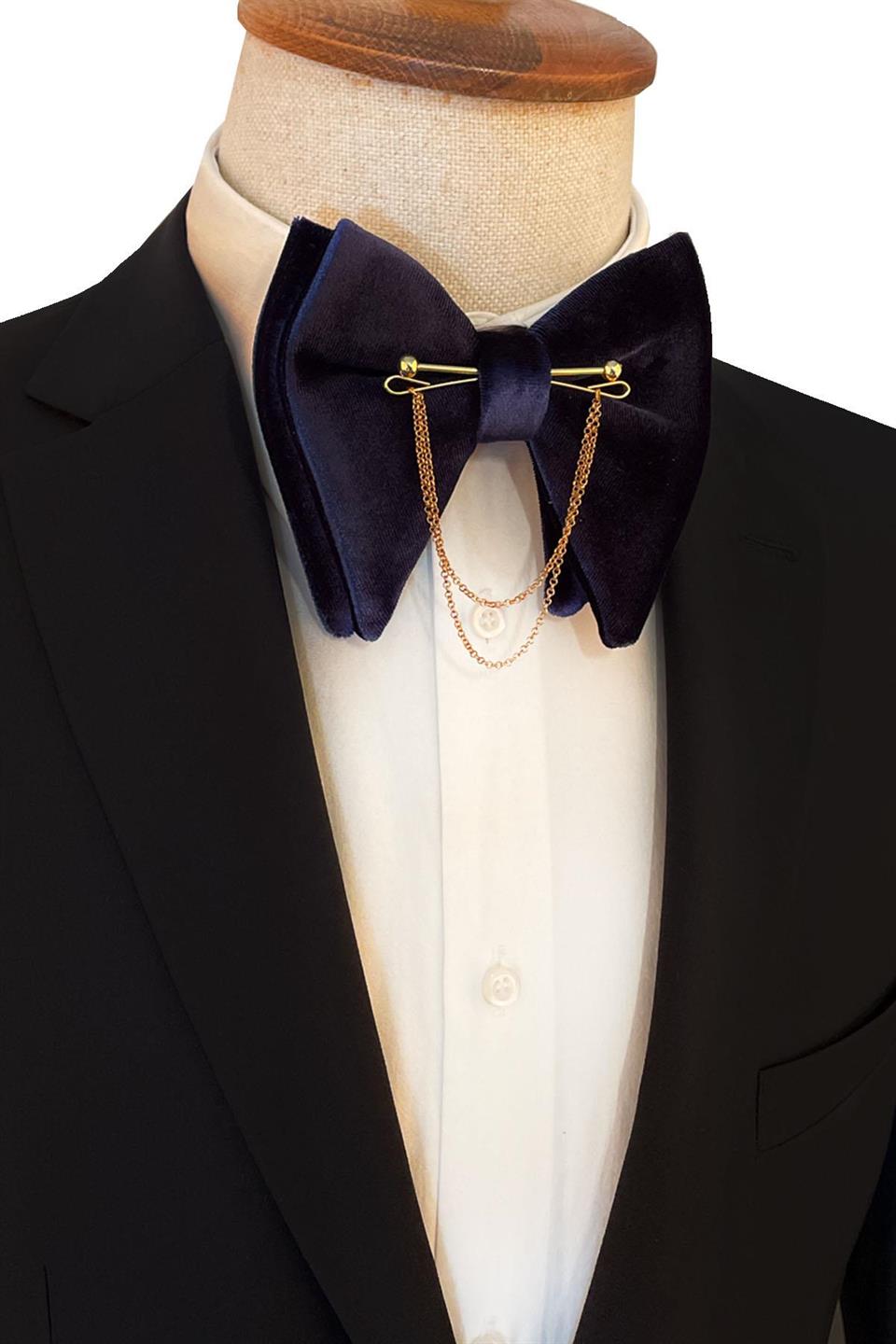 Lacivert Kadife Büyük Papyon Zincirli P1404