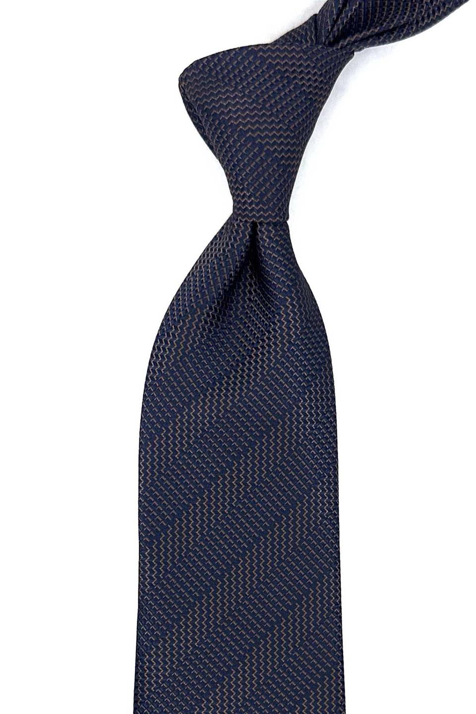 Lacivert - Kahve Çizgi Desen Mendilli Klasik Kravat KK12433