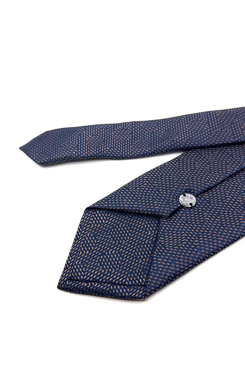 Lacivert - Kahve Çizgi Desen Mendilli Klasik Kravat KK11866