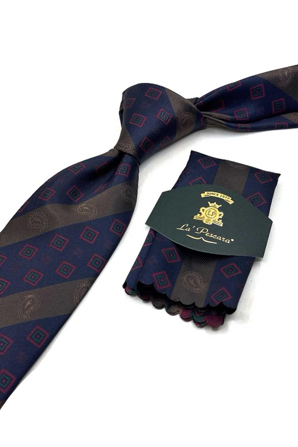 Lacivert - Kahve Çizgi Desen Mendilli Klasik Kravat KK13692