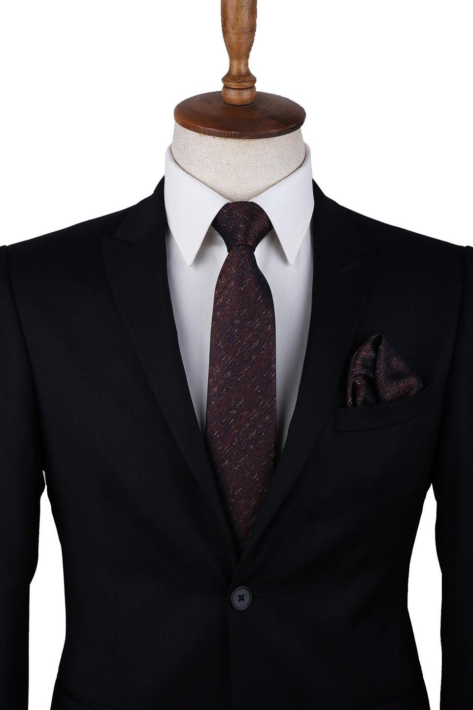 Lacivert - Kahve Kum Desen Mendilli Klasik Kravat KK10041