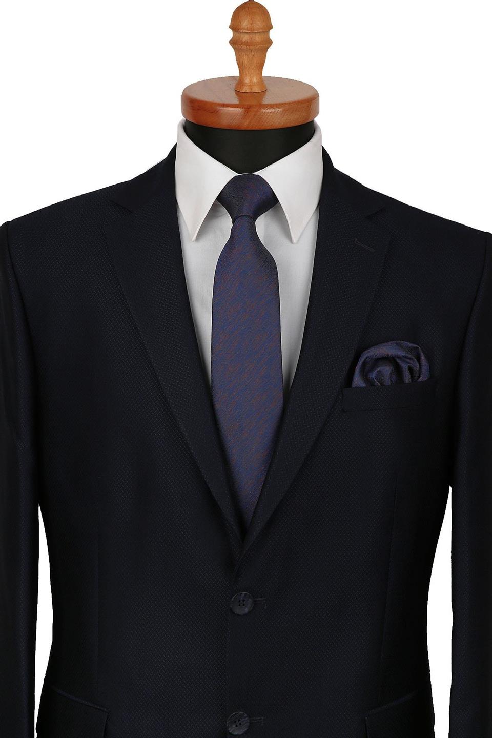 Lacivert - Kahve Kum Desen Mendilli Klasik Kravat KK9444