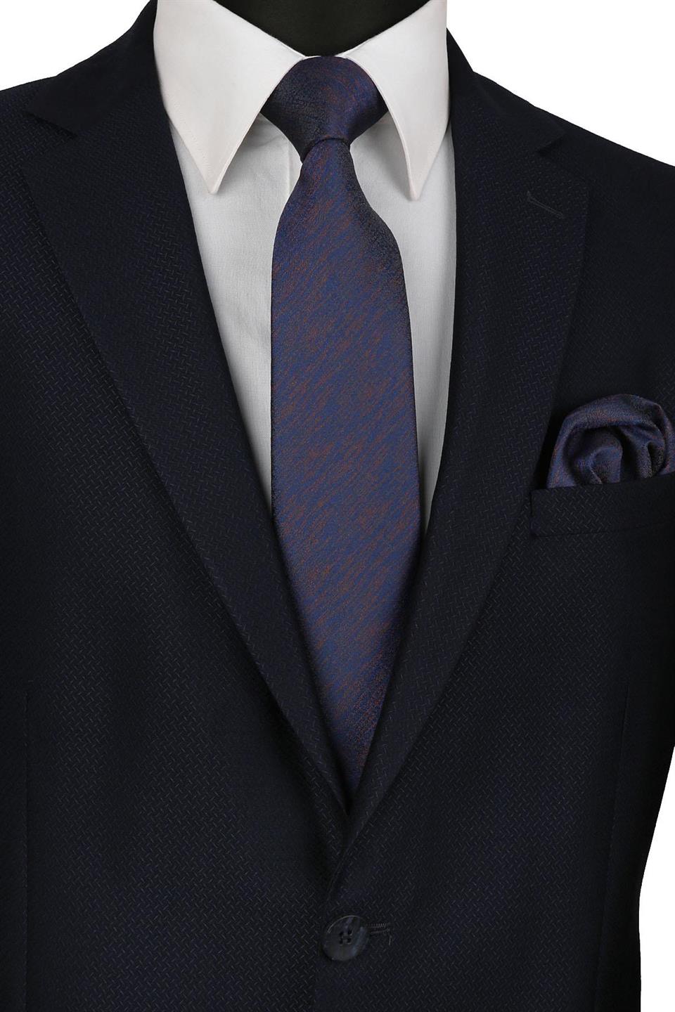 Lacivert - Kahve Kum Desen Mendilli Klasik Kravat KK9444