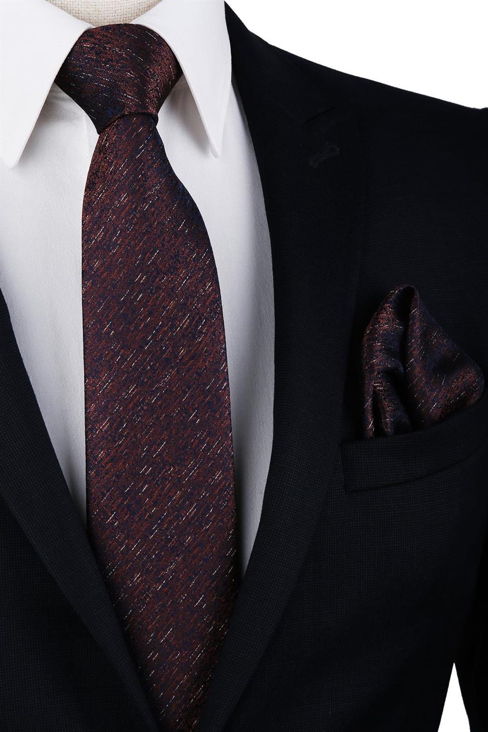 Lacivert - Kahve Kum Desen Mendilli Klasik Kravat KK10041