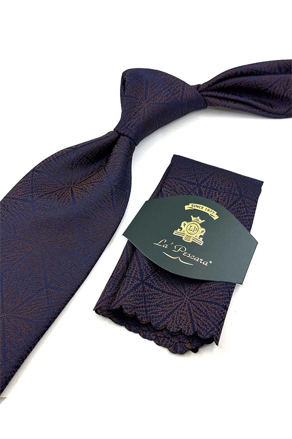 Lacivert Kahve Motif Desen Mendilli Klasik Kravat KK14149