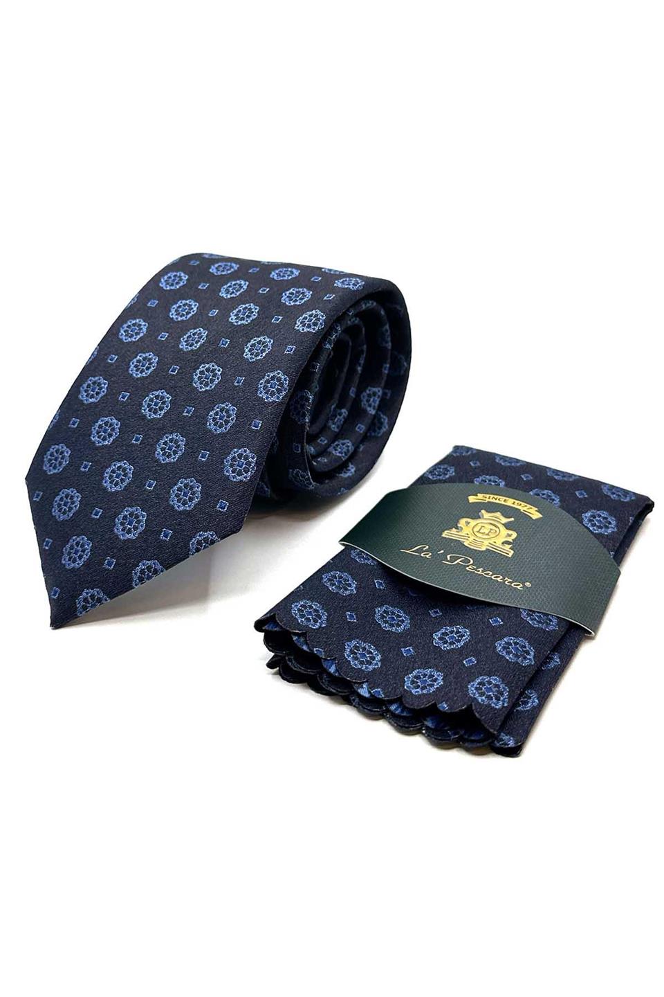 Lacivert - Kahve Motif Desen Mendilli Klasik Kravat KK12904