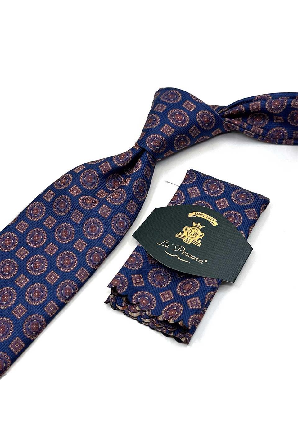 Lacivert - Kahve Motif Desen Mendilli Klasik Kravat KK13533