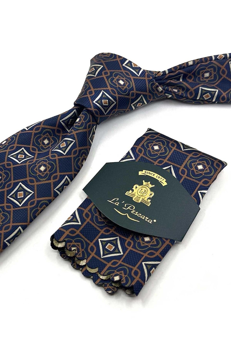 Lacivert Kahve Motif Desen Mendilli Klasik Kravat KK13766