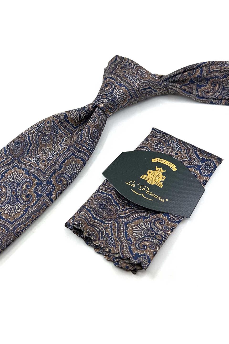 Lacivert - Kahve Motif Desen Mendilli Klasik Kravat KK13328